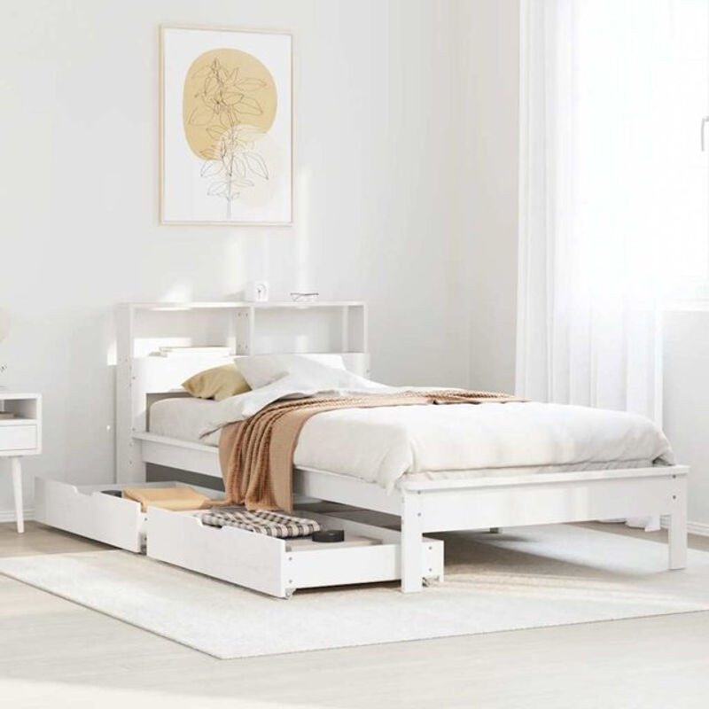 Massivholzbett Vidaxl aus Kiefer mit Regal in Weiß, B/T/H: 90 x 190 cm - Bild 1