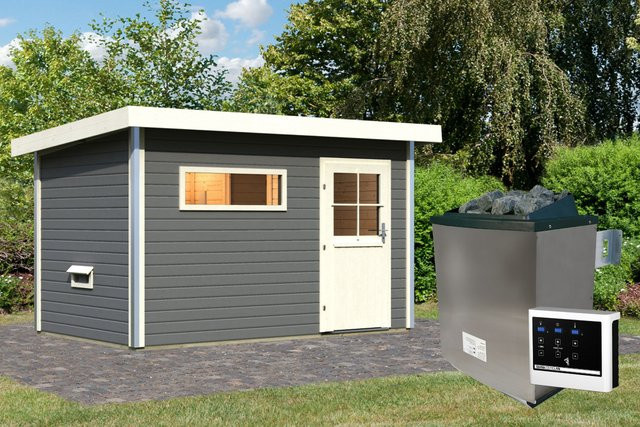 Saunahaus SKROLLAN 1 mit Vorraum in Terragrau inklusive 9.0 kW Ofen, Steuergerät und ISOGlas Klarglas classic, B/T/H: 337 x 196 cm - Bild 1