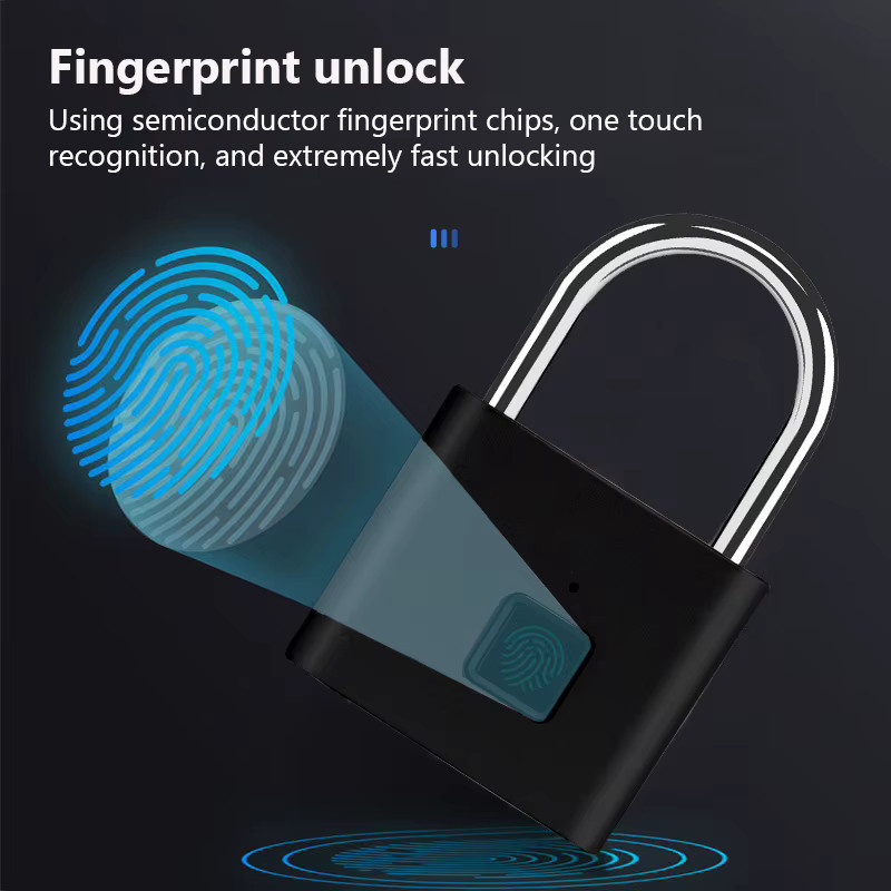 Intelligentes Fingerabdruck-Vorhängeschloss aus Zinklegierung und Metall, wasserdichtes Mini-Türschloss mit USB-Ladefunktion, Schwarz - Bild 2