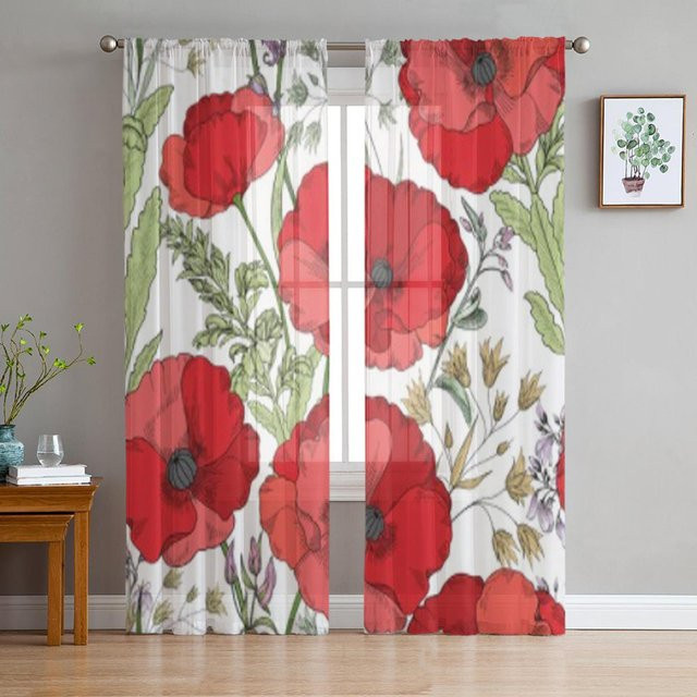 A Family Of Home Textiles Fenstervorhang mit rotem Mohnblumen-Design aus transparentem Chiffon-Tüll, Breite: 135 cm, Höhe: 183 cm - Bild 1