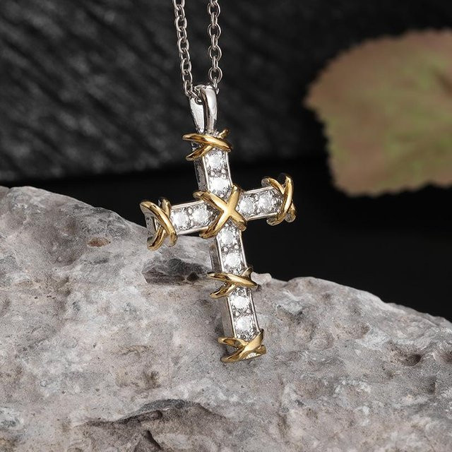YIRAN Halskette, Kreuz, Bicolor, Edelstahl, Diamant, Zirkonia, Unisex - Bild 1