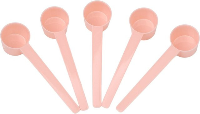Koogeelife Messlöffel Set aus Kunststoff mit langem Griff und flachem Boden, 5 Stück, Weiß und Pink - Bild 1