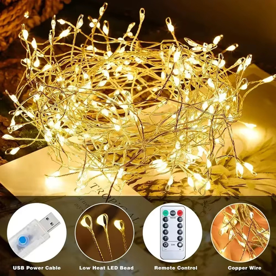 XUNATA LED Feuerwerkskörper Lichterkette mit Fernbedienung, USB und Batteriebetrieben, transparente Draht-Girlande für Hochzeitsdekoration - Bild 3