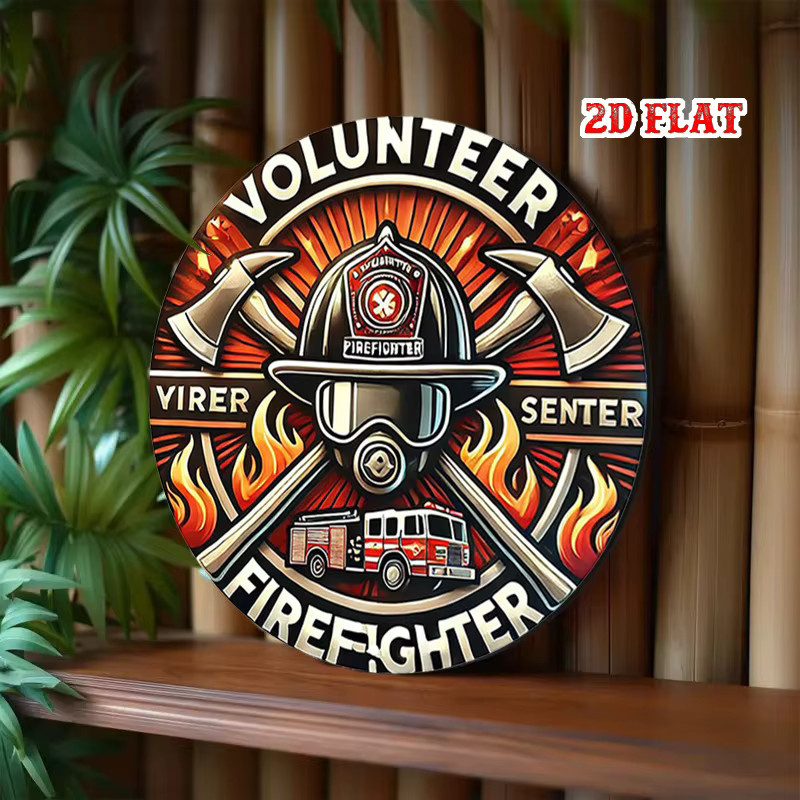 Potdemiel Metall-Blechschild Feuerhelm mit Flammen und Feuerwehrauto Design, Rund, Durchmesser: 20 cm, Mehrfarbig - Bild 5