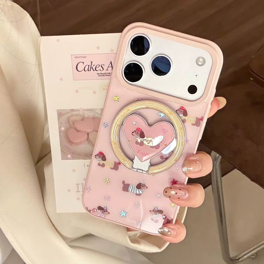 Rosa Faltbare Handyhülle mit Koreanischem Liebesherz und Cartoon Dackel für Apple iPhone 17 Air 16 15 14 13 Pro Max mit Magnetischer Halterung und Stoßfestem Schutz - Bild 3