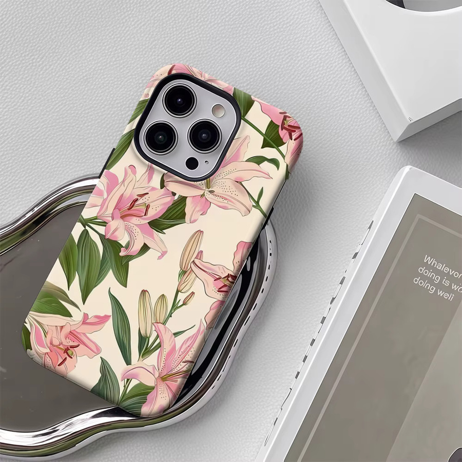 Potdemiel Handyhülle mit rosa Lilien-Muster für iPhone 17 16 15 14 13 Pro Max Plus, robuste ein- und doppelschichtige Magnet-Hülle, Pink/Mehrfarbig - Bild 5