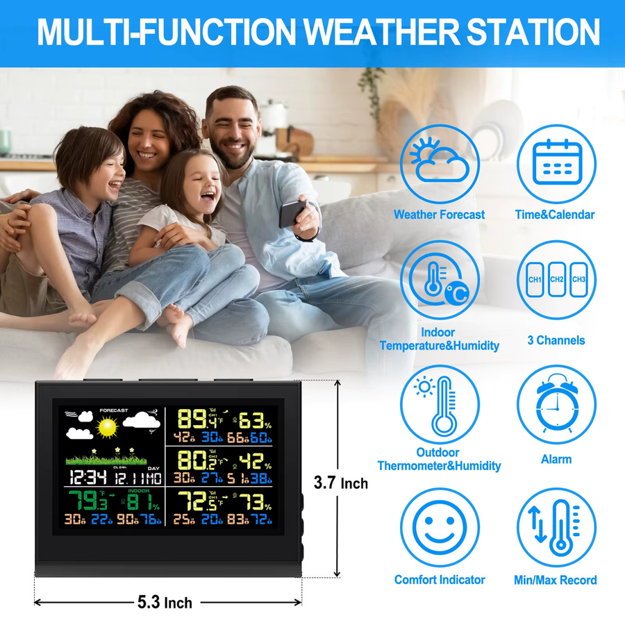 Urageuxy Kabellose Wetterstation in Schwarz mit 5,3 Zoll Bildschirm, 3 Sensoren, Hygrometer und Thermometer für Innen- und Außentemperatur sowie Weckfunktion - Bild 2