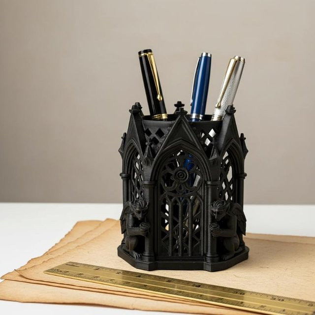 Gotischer Totenkopf-Stifthalter aus schwarzem Resin als Schreibtisch-Organizer - Bild 1