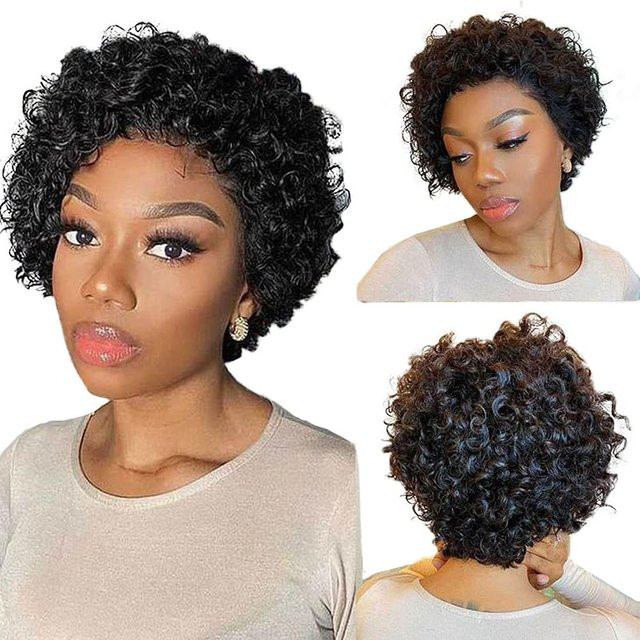 Linhua Pixie-Cut Lockenperücke, Echthaarperücke, 6 Zoll, Schwarz 1B T1B/27 Ombre Honigblond Burgunderrot - Bild 1