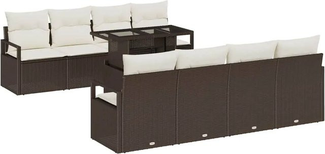 vidaXL Garten-Sofa-Set aus braunem Poly Rattan mit 9 Teilen, inklusive Tisch, Sitzmöbeln mit Polstern und integriertem Stauraum - Bild 1