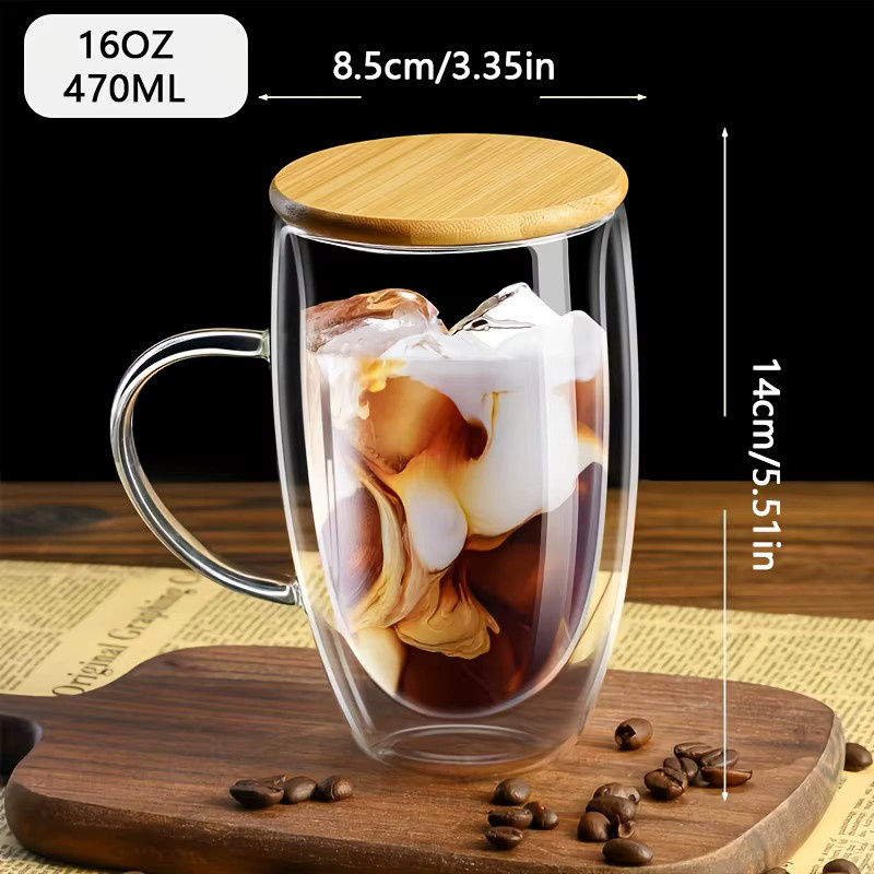 2er-Set KEMORELA Doppelwand-Gläser transparent mit Holzdeckel und Löffel, Kaffeebecher für Cappuccino und Espresso, 350 ml und 450 ml - Bild 6