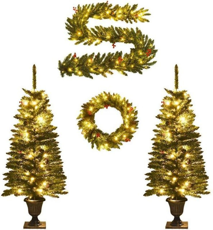 2er-Set Künstliche Weihnachtsbäume von vidaxl in Grün mit Kranz, Girlande und LEDs, H: 120 cm, B: 65 cm, T: 65 cm - Bild 1