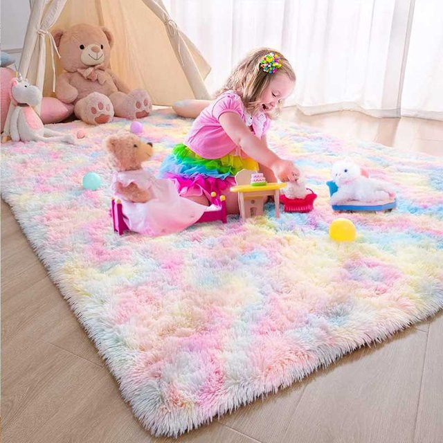 FORSWAN Kinderteppich Regenbogen in Multicolour und Weiß, weicher Kunstfell-Teppich für Kinderzimmer, Wohnzimmer oder Schlafzimmer - Bild 1