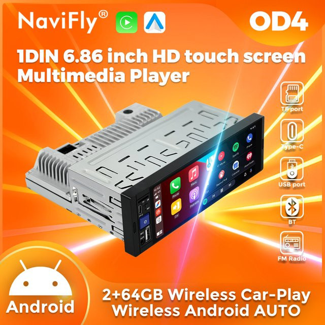 NAVIFLY 1Din Auto-Multimedia-Player mit Android-System, 64GB Speicher, kabelloses Carplay, Bluetooth, GPS und FM Radio in Schwarz - Bild 1
