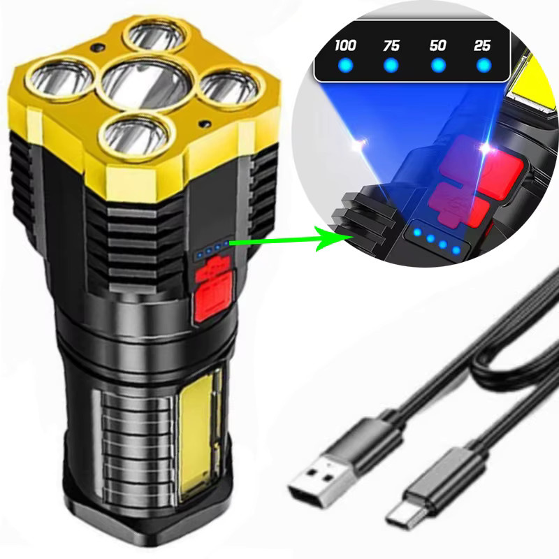 Wasserdichte LED-Taschenlampe mit 5 LEDs, USB wiederaufladbar und verstellbarer Reichweite für Camping und Wandern - Bild 2