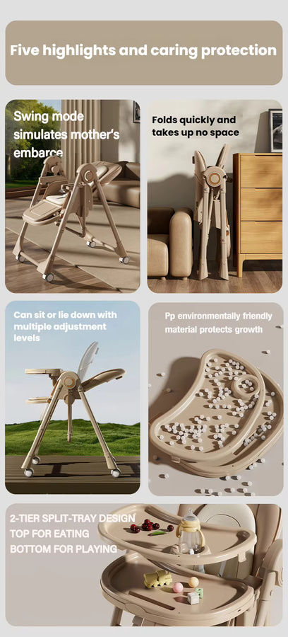Magic ZC 2-in-1 Babyhochstuhl mit Schaukelmodus und verstellbarem Doppeltablett in Beige, faltbar und stabil - Bild 3