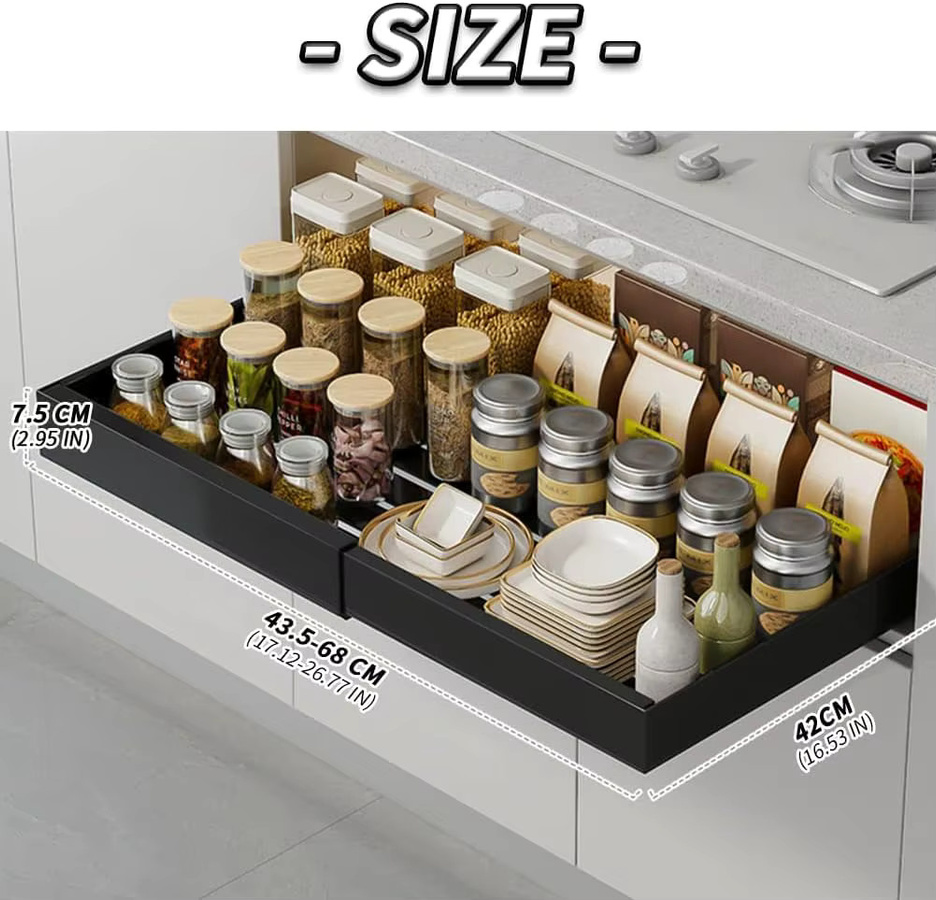 Garvee Ausziehbarer Schrank-Organizer Schwarz, Verstellbares Schwerlast-Schieberegal für Küchenschrank, Speisekammer und Badezimmer, Breite: 43,5-68 cm - Bild 3