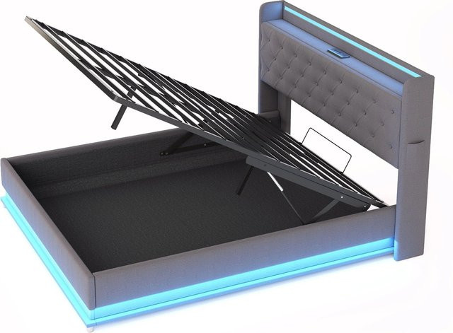 okwish Polsterbett Grau mit LED, USB-Anschluss und hydraulischem Stauraum, B/T/H: 160 x 200 x 55 cm (Höhe des Bettgestells: 166 cm) - Bild 1