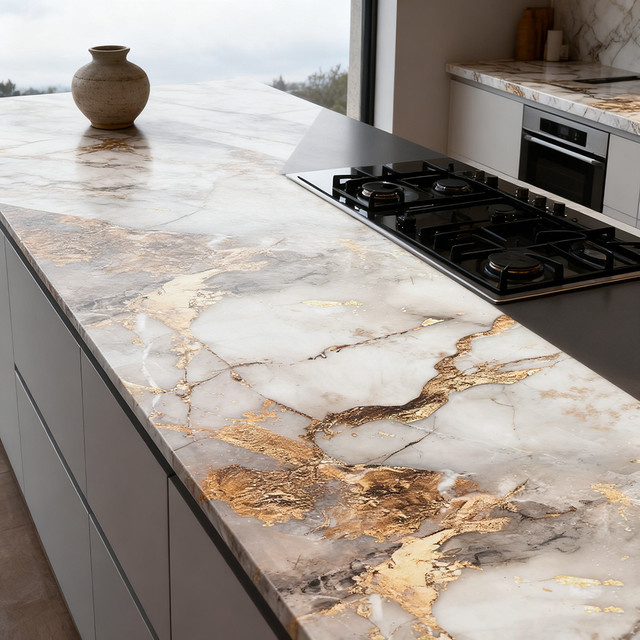 TTOKKONG WALLPAPER Selbstklebende 3D-Marmor Tapete in Gold und Weiß, wasserdichte Steinoptik für Küche, Badezimmer und Wohnzimmer - Bild 1
