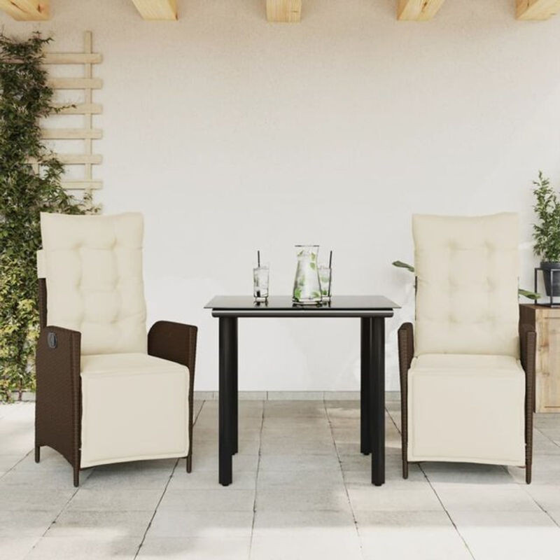 3-teilige Garten-Essgruppe aus braunem Poly-Rattan mit Kissen und Glastisch von vidaxl - Bild 1