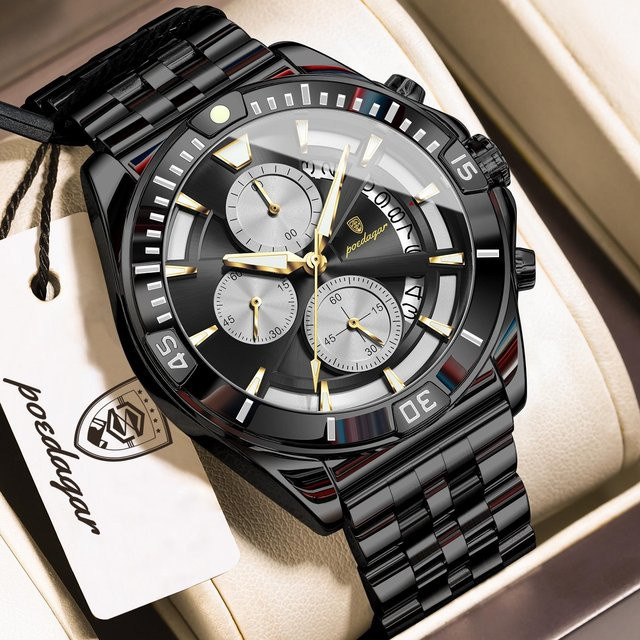 POEDAGAR Armbanduhr Chronograph, Quarz, Edelstahl, schwarz, Herren - Bild 1