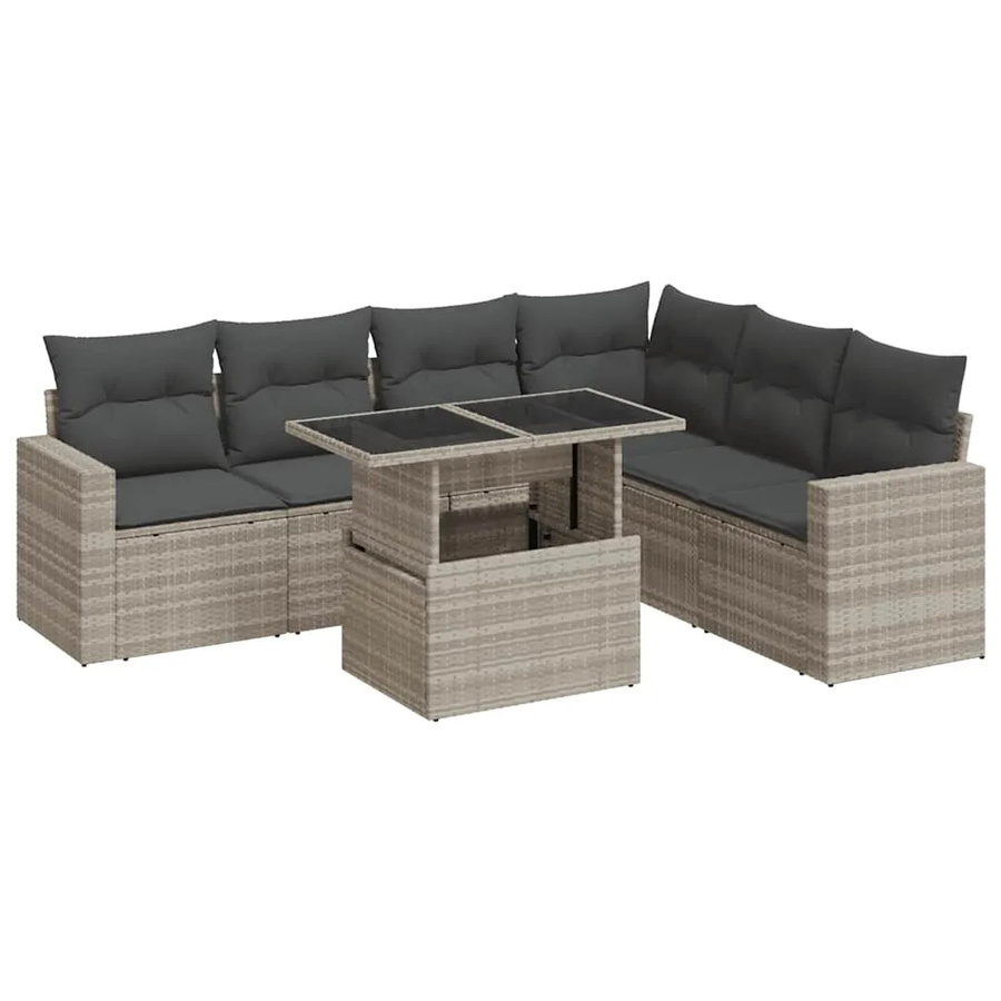 vidaXL 7-tlg. Garten-Sofagarnitur in L-Form mit Kissen und Couchtisch, Hellgrau, Poly-Rattan - Bild 2