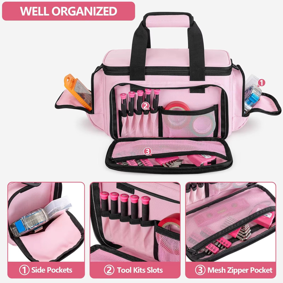 WIDEEP Werkzeugtasche für Damen in Pink mit Anti-Reibungs-Boden, Aufbewahrungsorganisator für Elektriker, Tischler und Handwerker, B/T/H: 32,5 x 18,3 x 18,0 cm - Bild 3
