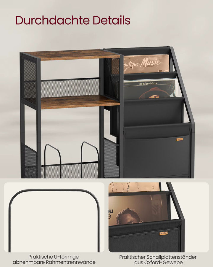 VASAGLE Beistelltisch als Plattenspieler-Ständer im Industrial-Design mit 3 Etagen, Braun/Schwarz - Bild 3