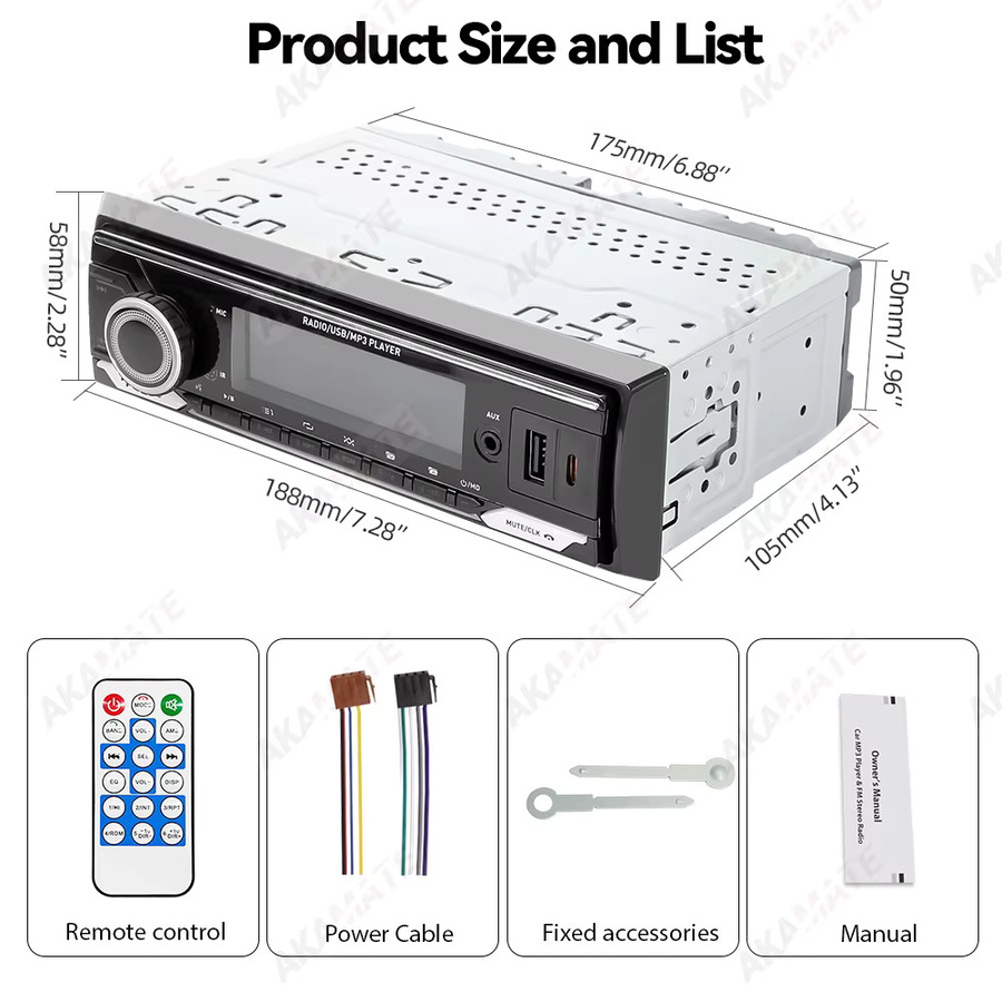 AKAMATE 1 DIN Autoradio mit Bluetooth, MP3, FM, EQ, AUX, USB und Sprachassistent in Schwarz - Bild 6