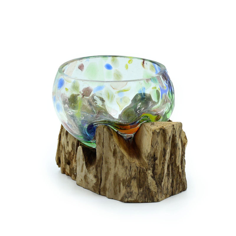 Handgeblasene Glas Schale von SHAMTAM in Multicolor auf Holzsockel, organisch und unregelmäßig geformt - Bild 2