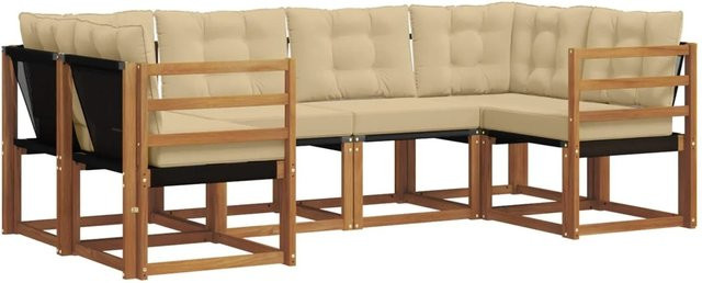vidaXL Outdoor-Sofagarnitur 6-teilig in L-Form aus Akazienholz und Textilene, Farbe Natur-beige - Bild 1