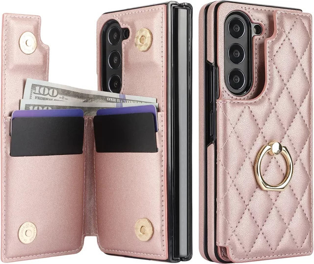Luxuriöse Leder-Ring-Brieftasche und Handyhülle mit Kartenhalter und Ständer für Samsung Galaxy Z Fold 7, 6, 5, 4 in Schwarz - Bild 1