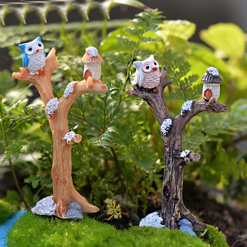 Otmagelu Harz-Eule mit Baum-Figuren als Miniatur-Vögel Ornament für deinen Feengarten und die Heimdekoration in Braun und Mehrfarbig - Bild 1