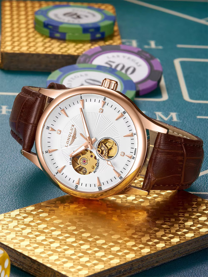 LONGLUX Armbanduhr Automatik, Weißgold, Leder, Herren - Bild 4