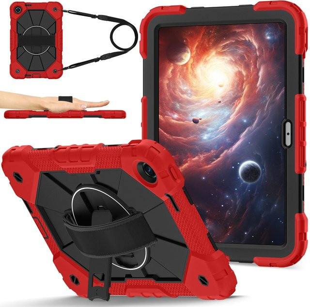 Stoßfeste Xiaomi Redmi Pad SE 9.7 Tablet-Hülle mit 360 Grad Drehständer, Hand- und Schultergurt in Rot - Bild 1