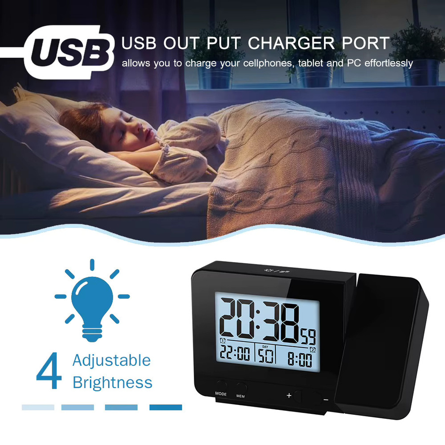 Meterk Projektionswecker für das Schlafzimmer mit Thermometer und Hygrometer, digitale Deckenuhr mit dimmbarem LED-Display in Schwarz - Bild 2