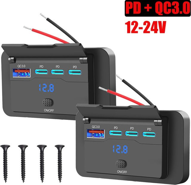 Kebidumei USB-Autoladegerät mit 3 PD & QC 3.0 Schnellladebuchsen, Voltmeter und Schalter, 12 V RV-USB-Steckdosenfeld in Schwarz - Bild 1