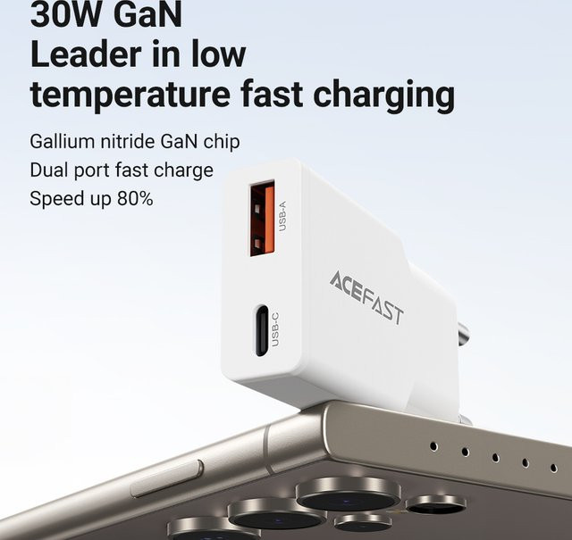 ACEFAST 30W GaN USB-C Schnellladegerät in Weiß für iPhone 16/15 Pro Max und Samsung S24 mit PD und QC3.0 - Bild 1
