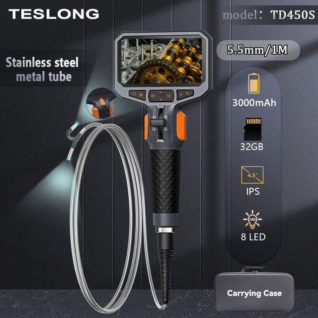 TESLONG Professionelles automatisches Rohrendoskop mit 5,5 mm flexibler Sonde, 4,5-Zoll-IPS-Display und 1080P HD-Inspektionskamera, 1 m Stahlrohr - Bild 1