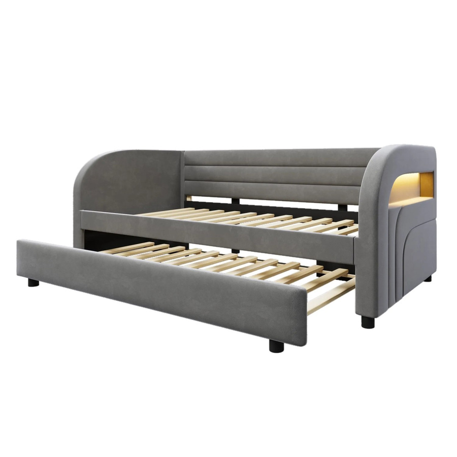 Merax Plattformbett mit Ausziehbett und LED-Unterbettbeleuchtung in Grau, B/T/H: 90 x 200 cm - Bild 2