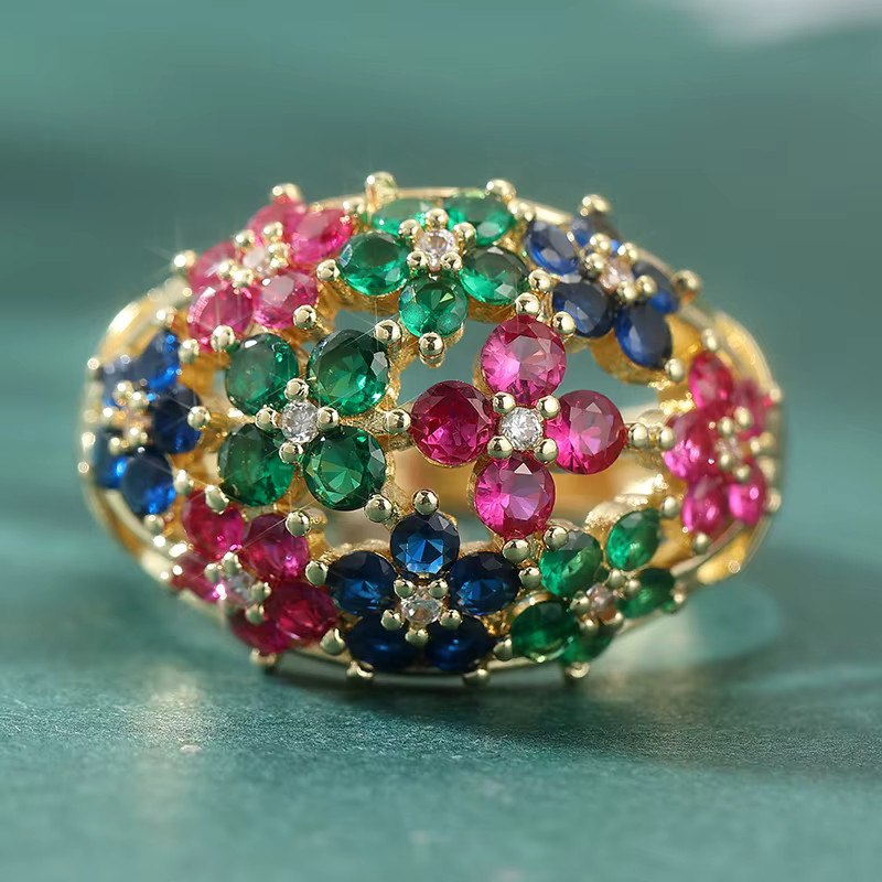 Damenring, Gold, mehrfarbige Zirkonia, Blume - Bild 4