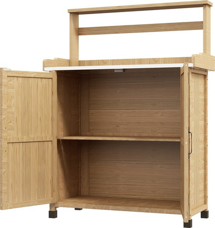Outsunny Pflanztisch im rustikalen Stil aus Tannenholz mit Schrank, Regalen und verzinkter Arbeitsplatte, Farbe: Gelb, B/T/H: 41 x 90,5 x 124,5 cm