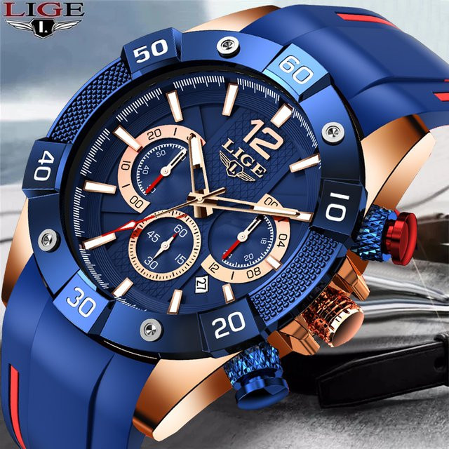 LIGE Chronograph, Quarz, Silikon, Blau, Herren - Bild 1