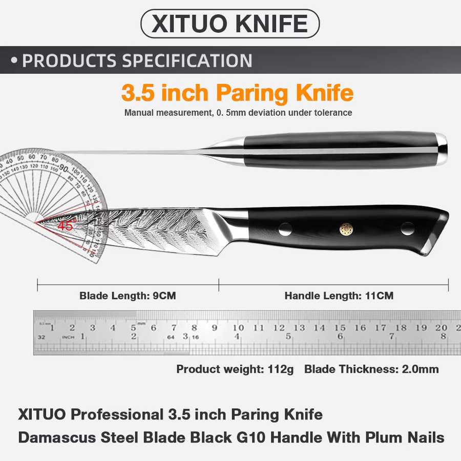 Xituo Schälmesser aus japanischem Damaststahl mit schwarzem G10-Griff, Klingenlänge: 8,9 cm - Bild 2