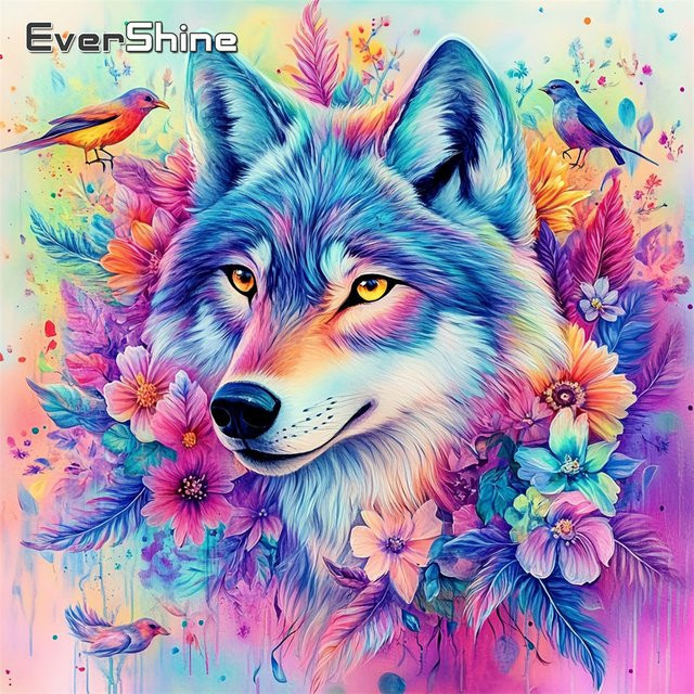 EverShine Diamant-Gemälde Wolfsbild mit Gänseblümchen-Dekor, bunte Strass-Stickerei als Kreuzstich-Mosaik, Multicolor - Bild 1