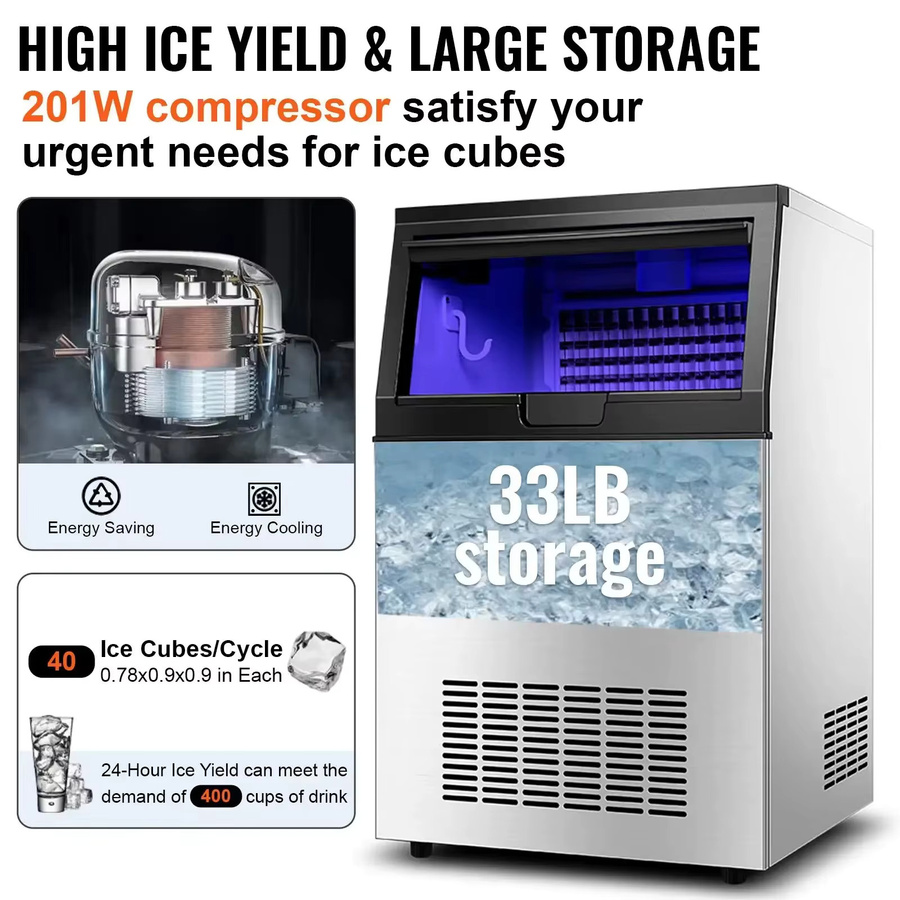 SIHAO Gewerbliche Eismaschine aus Edelstahl in Silber, Hochleistungs-Würfeleismaschine mit 60 kg/h bei 220V für Café, Bar und Milchtee-Laden - Bild 4