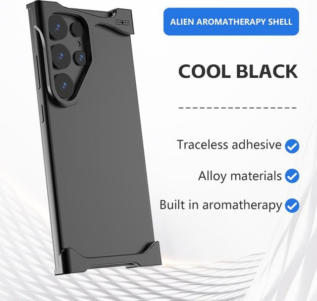 Modische unregelmäßige Handyhülle aus Aluminiumlegierung mit Aromatherapie-Funktion für Samsung Galaxy S25 S24 S23 Ultra Plus und S25 Plus in Schwarz - Bild 1