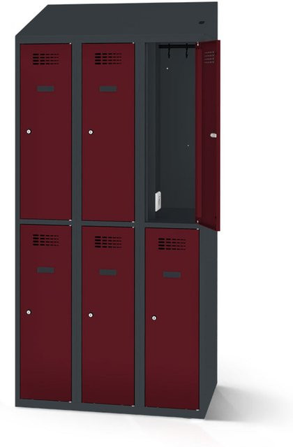 rotstahl Garderobenspind mit 6 Türen und Ladefunktion in Bordeaux mit anthrazitgrauem Korpus, Breite: 90 cm, Höhe: 200 cm - Bild 1