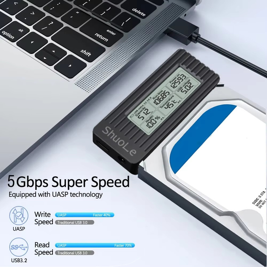 KEBIDUMEI USB zu SATA Adapter mit Digitalanzeige, USB 3.2 3.0 zu SATA III Konverter für 2,5 und 3,5 Zoll SSD HDD Festplatten, Schwarz - Bild 4