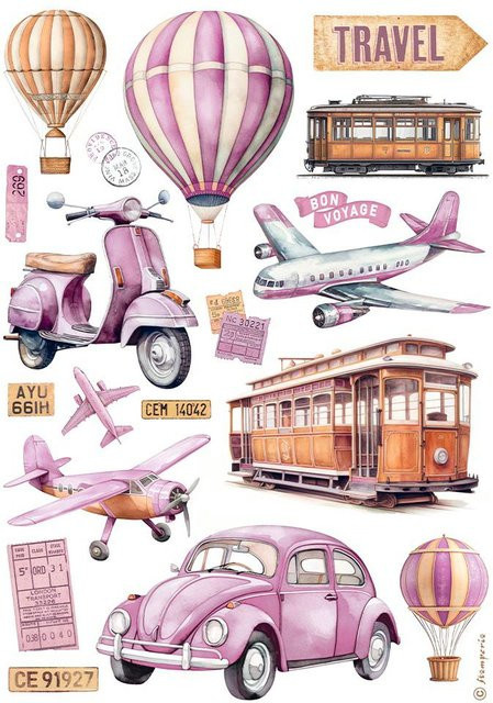 Stamperia Motiv-Strohseide Travel in Violett und Multicolor, Format A4 - Bild 1